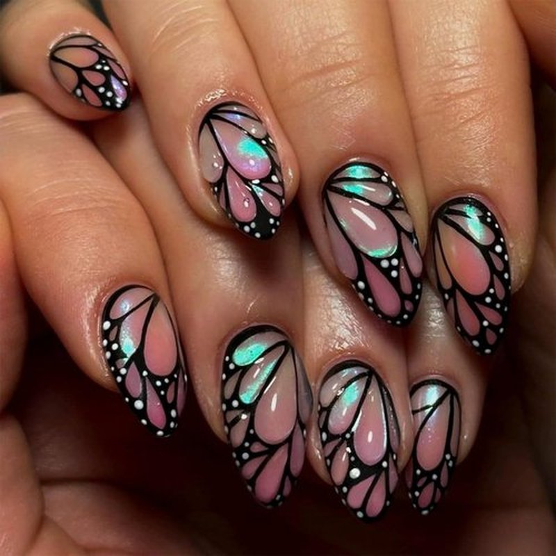 Almond Press on Nails Medium 3D Butterfly Fake Nails Soft Gel Jelly False Nails with Cat Eye Butterfly Designs Shiny Glossy Artificial Acrylic Nails Colorful Glue on Nails for Women Manicure 30Pcs