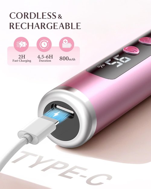 JOREST 13-in-1 Cordless Electric Nail Drill Kit with LED Display, 35,000 RPM 6-Speed Rechargeable Manicure Tool for Acrylic Gel Nails, Nail File with Bits & Sanding Bands for Beginners, Rose Pink