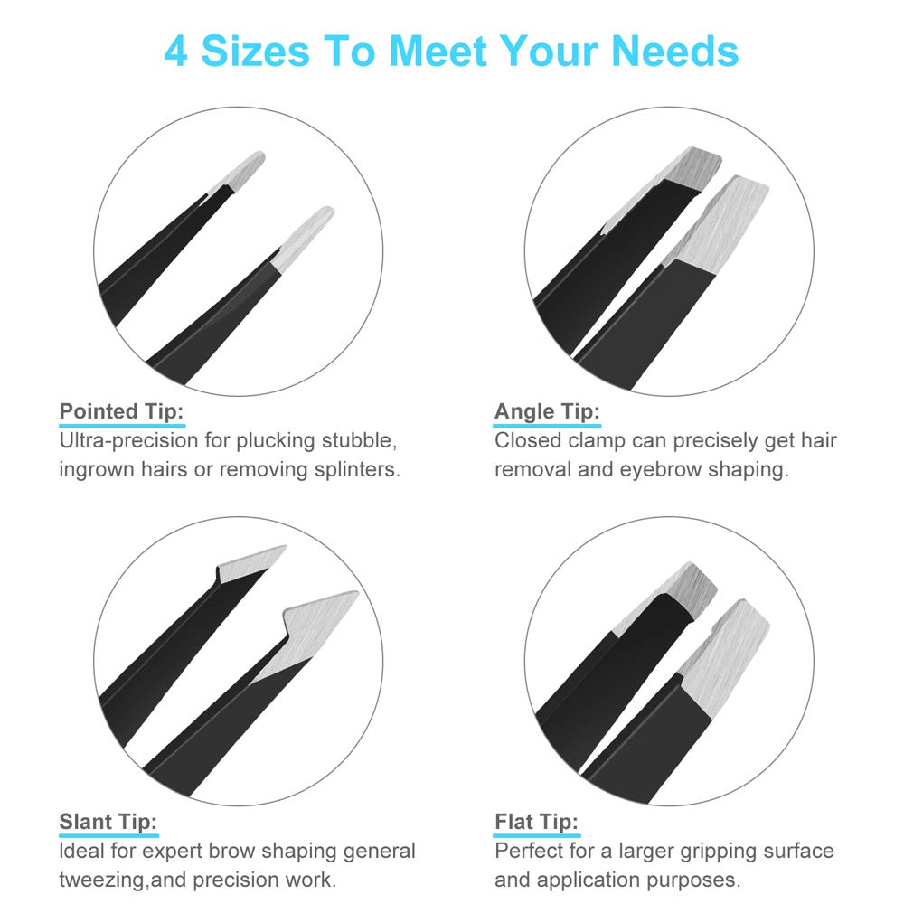UUBAAR 6 PCS Professional Tweezers Set - Stainless Steel Precision Tweezer Kit for Eyebrows, Facial Hair, Ingrown Hair & Splinter Removal with Travel Case (Black)