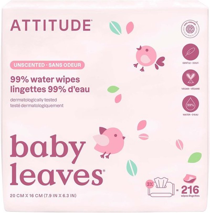 ATTITUDE Baby Water Wipes - EWG Verified, Gentle & Unscented, 99% Water, Travel Pack, 72 Count (Pack of 3)
