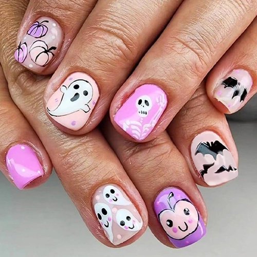 144 Pcs Halloween Press on Nails Kit Short Square Fake Nails 6 Styles False Nails with Designs Ghost Mummy Pumpkin Nightmare Nails Christmas Glossy Glue on Nail Acrylic Nail for Women Girls