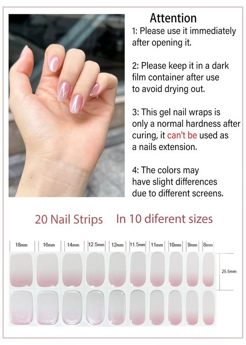 Semi Cured Gel Nail Strips, Glazed Pink Gradient 20pcs Adhesive UV Sticker, Wraps for Home Manicure DIY