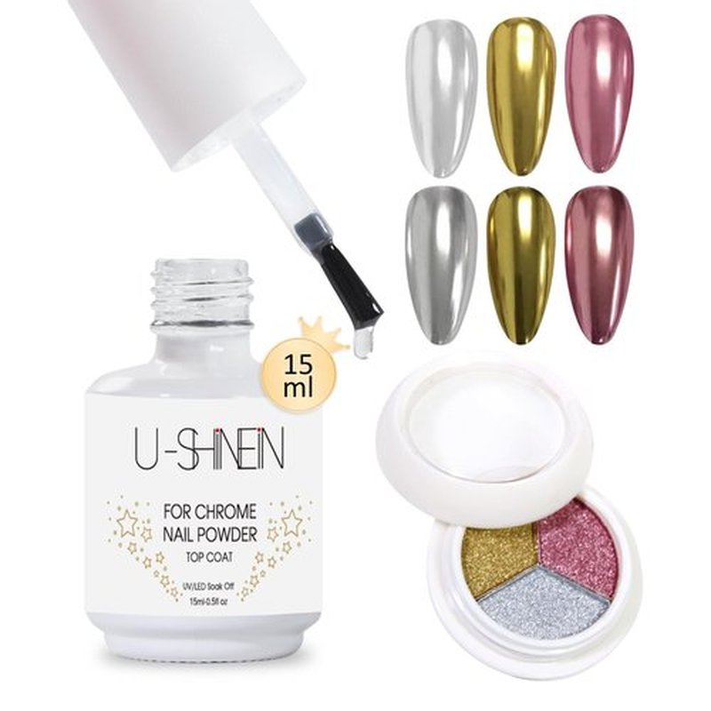U-Shinein Top Coat Gel for Chrome Nail Powder, 15ml No Wipe High Gloss Shiny Clear Polish With 3 Colors, Long Lasting Soak Off DIY Nail Art Manicure