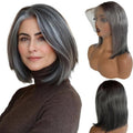 Grey Salt & Pepper Short Bob Wigs Human Hair 13×4 HD Lace Front Silver Real Human Hair Free Part Pre Plucked Hairline Bleached Knots Reusable No Tangle Triple Lifespan Straight for Women12Inch