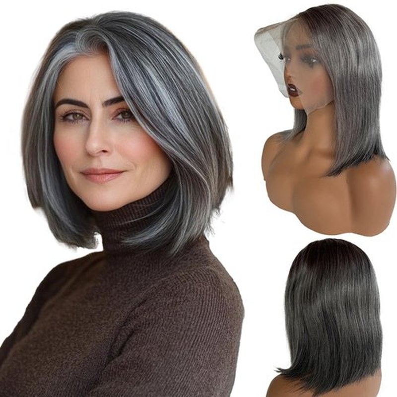 Grey Salt & Pepper Short Bob Wigs Human Hair 13×4 HD Lace Front Silver Real Human Hair Free Part Pre Plucked Hairline Bleached Knots Reusable No Tangle Triple Lifespan Straight for Women12Inch