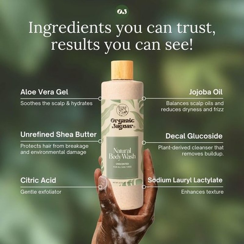 Organic Jaguar Natural Body Wash with Aloe Vera Gel and Shea Butter, Bath and Shower Soap Cleanser for Body Care, Leaves Skin Soft & Hydrated, Unscented, Sulfate and Paraben Free, 13.5 fl oz