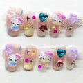 Press on Nails Handmade Short Fake Nails Gel Finished False Nails with Diamond Pearl Stars Charms Cute Cat Square Stick on Nails, Size Small