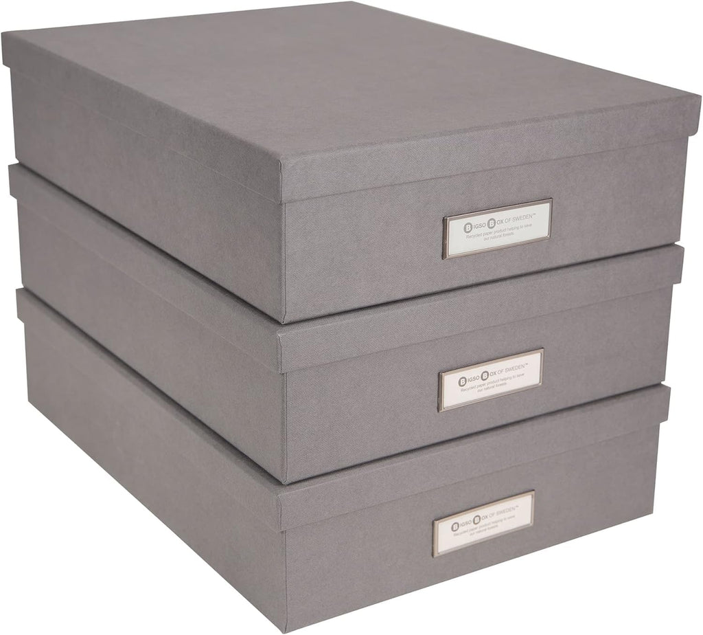 Bigso Oskar Fiberboard Label Frame Document Letter Box - File Organizer Box for Important Paperwork - Document Storage with a Lid & Label Window - 3.3 in x 10.2 in x 13.8 in - 3 Pack - Dark Grey