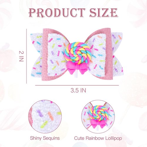 Beleki Lollipop Hair Bows, Glitter Hair Clips for Girls Sparkly Confetti Sprinkle Handmade Bows Metal Alligator Hairpin Hair Accessories for Girls Birthday Back to School Party Decor - Pink