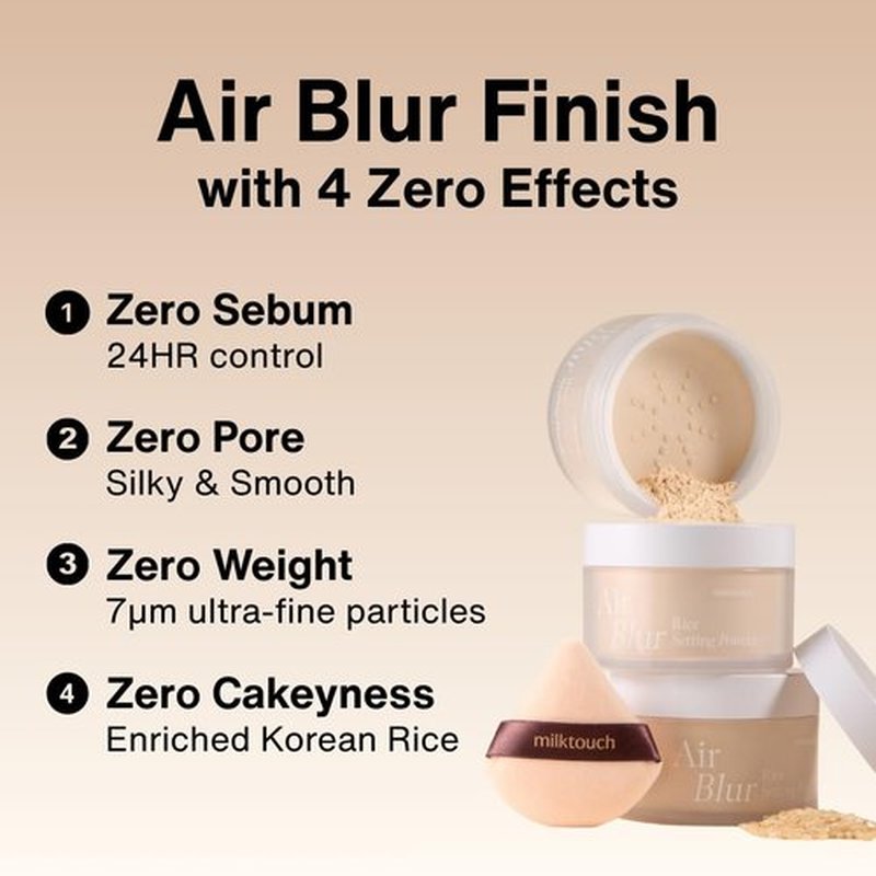MILKTOUCH Air Blur Rice Setting Powder, Loose & Pressed Face Powder Foundation, Lightweight Vegan, Longwear 24H Blur Waterproof - Translucent
