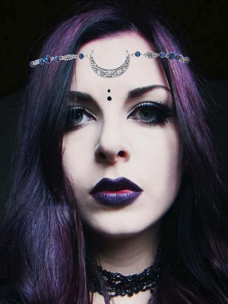 Yalice Boho Crescent Moon Head Chain Vintage Black Crystal Headband Chain Rhinestone Headpieces Witchy Forehead Chain for Women (Silver-Blue2, One Size)
