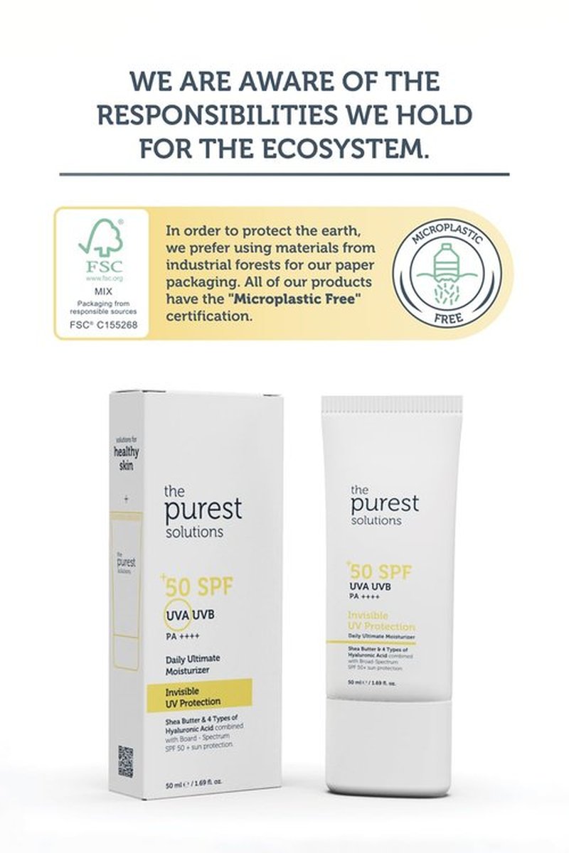 The Purest Solutions Invisible UV Protection (Daily Intensive Moisturizer SPF 50+) - Hyaluronic Acid & Shea Butter for Daily Hydration - Sunscreen - Anti-Aging Care - All Skin Types (1.69 fl. oz)