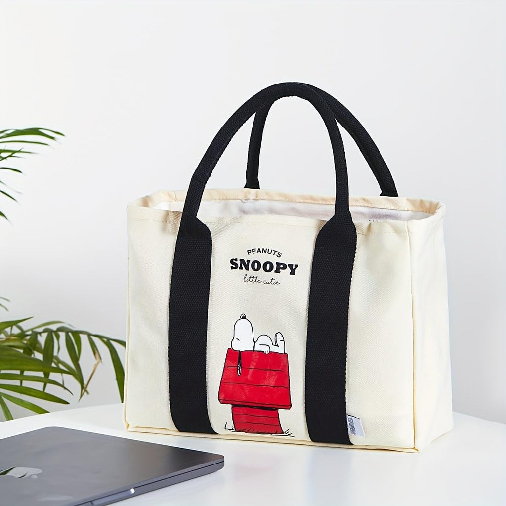 MINISO Snoopy Tote Bag,Peanuts Summer Travel Series Lightweight Canvas Handbag, 11.4" Multipurpose Use Grocery and Carry Bags for Men Women, Beige