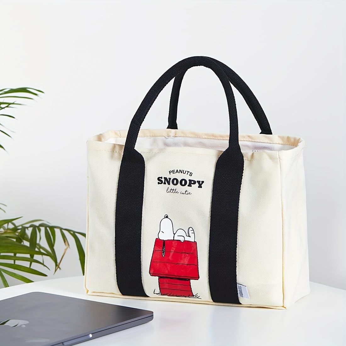 MINISO Snoopy Tote Bag,Peanuts Summer Travel Series Lightweight Canvas Handbag, 11.4" Multipurpose Use Grocery and Carry Bags for Men Women, Beige