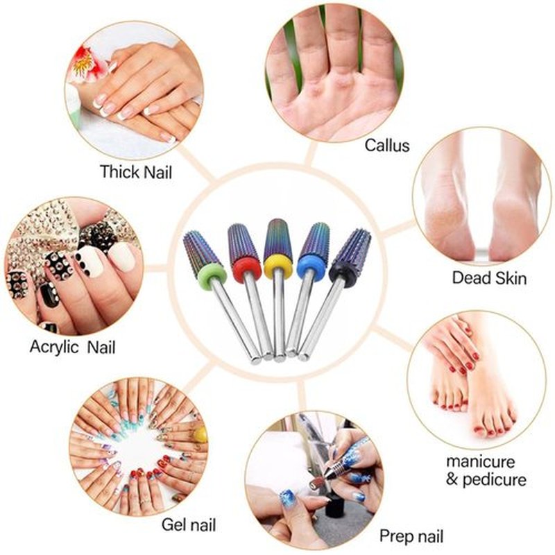 Eyech 5Pcs Nail Drill Bits Set for Acrylic Nails, Multifunctional Tungsten Steel 5 in 1 Nail Polishing Grinding Head Manicure Tool