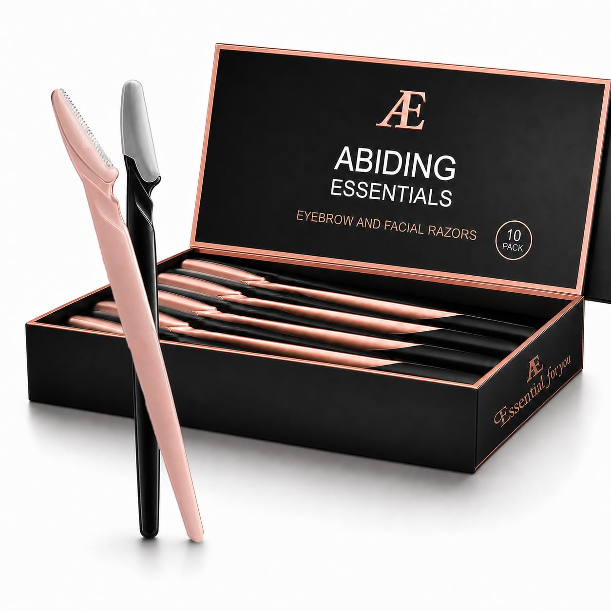 Abiding Essentials Dermaplane Razor for Women & Men – Precision Hair Remover & Exfoliating Face Shaver, Eyebrow Trimmer – Luxurious At-Home Spa Skincare Set (Premium Black/Rose Gold) 10pcs