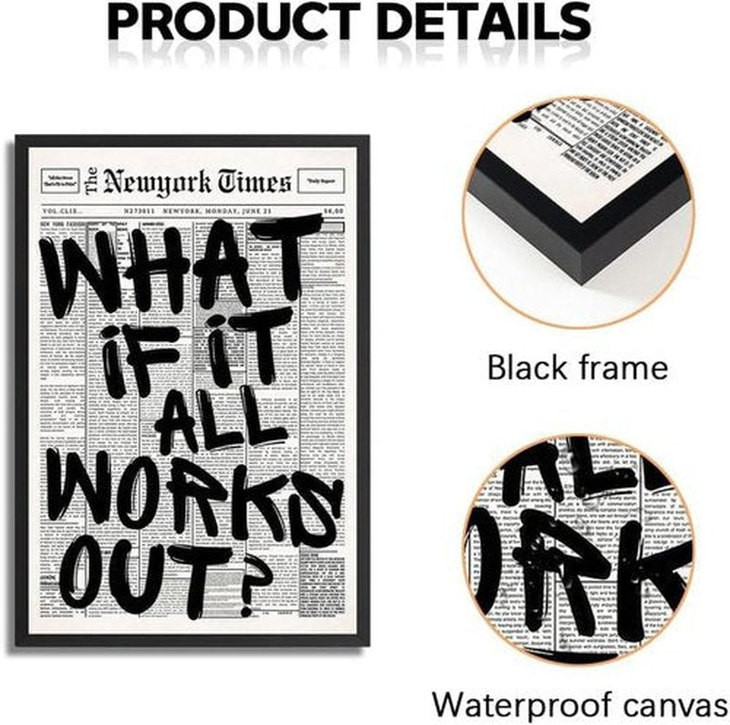 Trendy Luxury Wall Art | Black and White 'What If It All Works Out' Poster for Preppy Dorm Decor