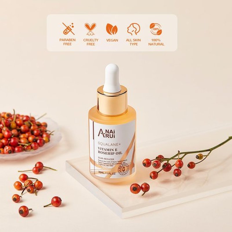 ANAI RUI Squalane + Vitamin E Rosehip Oil Moisturizer for Face,Hair,Skin& Nail Hydrate, Reduce Scars and Stretch Marks, Wrinkles for Smoother, Softer Skin 1 fl. Oz