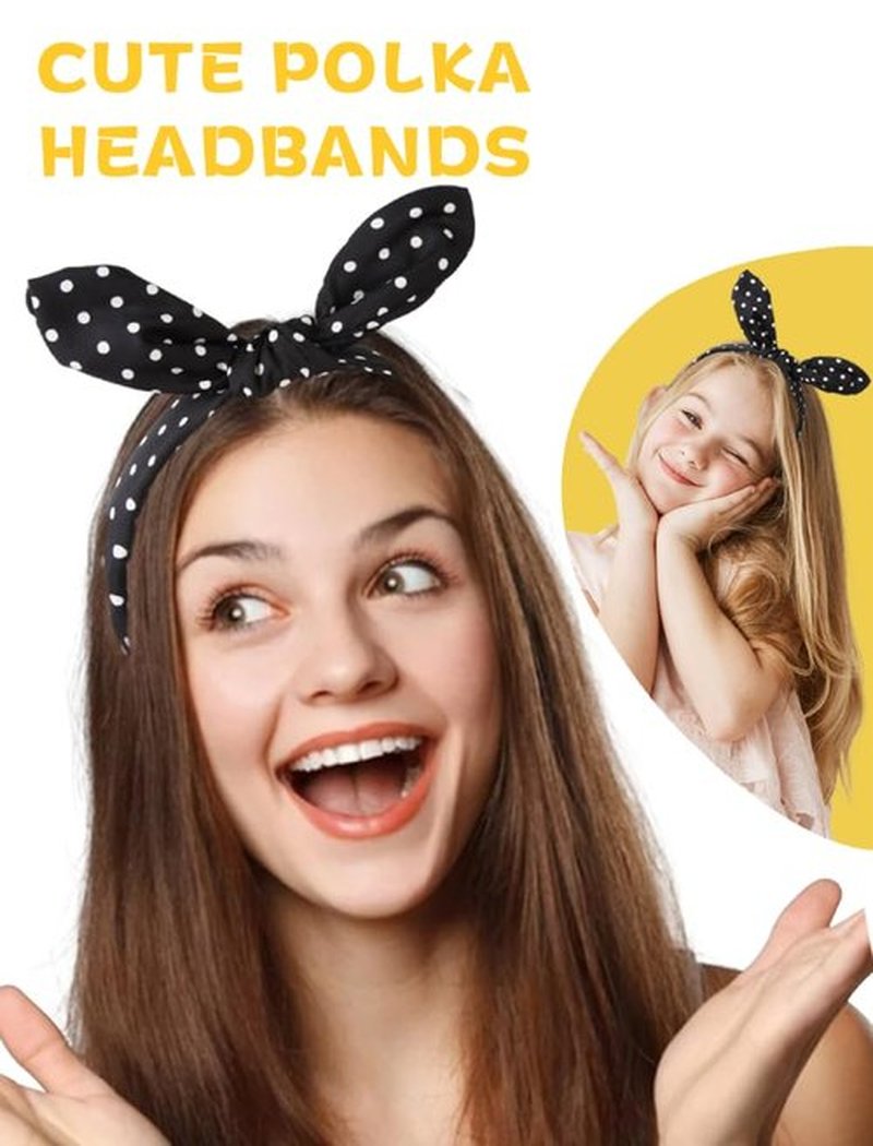 Huachi Bow Headbands for Women Halloween 1950s Black Polka Dot Hairbands Cute Bunny Ears Head Bands for Women's Hair Accessories Turban Headwear Headpiece
