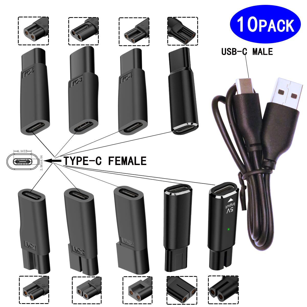 rgzhihuifz 10PCS USB C Power Cord Replacement Charger USB Adapter Compatible with a Variety of Electric Hair Clippers, Beard Trimmers, Shavers, Desk Lamps,Purifiers, HQ8505 Charging Cable