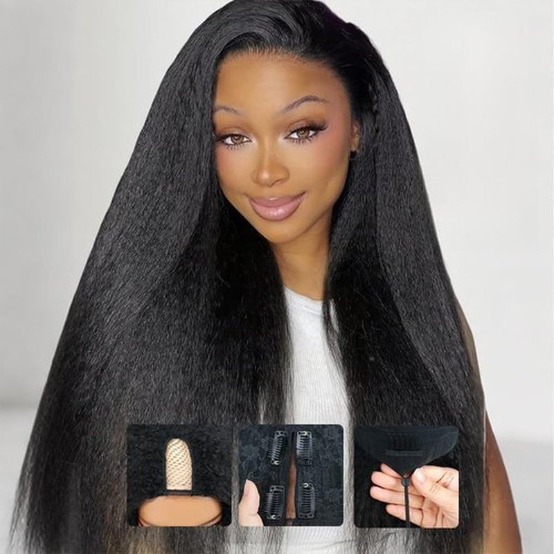 Fuduete 18 Inch Kinky Straight U Part Human Hair Wig With Drawstring for Black Women 220% Density Glueless Yaki Straight U Part Human Hair Wigs No Sew in No Glue Natural Color