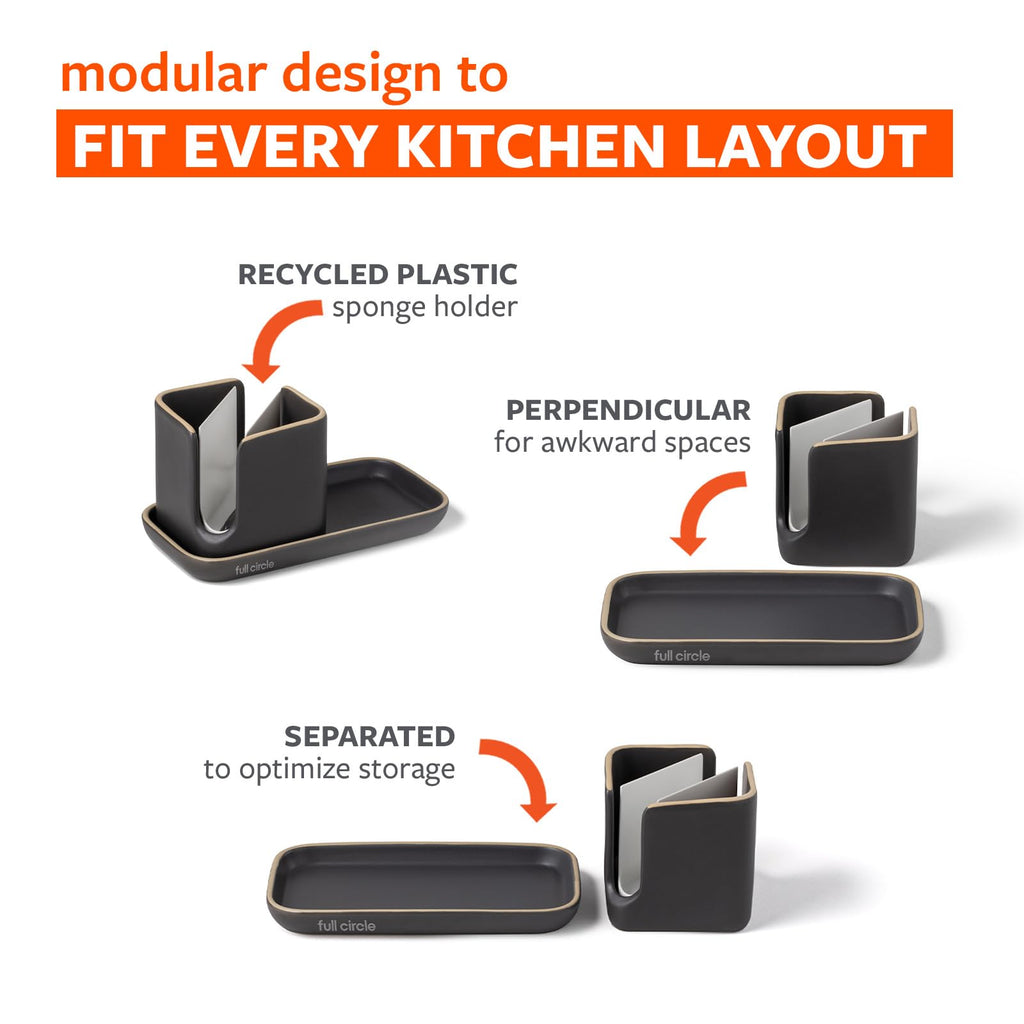 Full Circle Stash, Ceramic Kitchen Sink Caddy, Stylish Modular Sponge Holder & Dish Brush Organizer, Gray and White, 11"