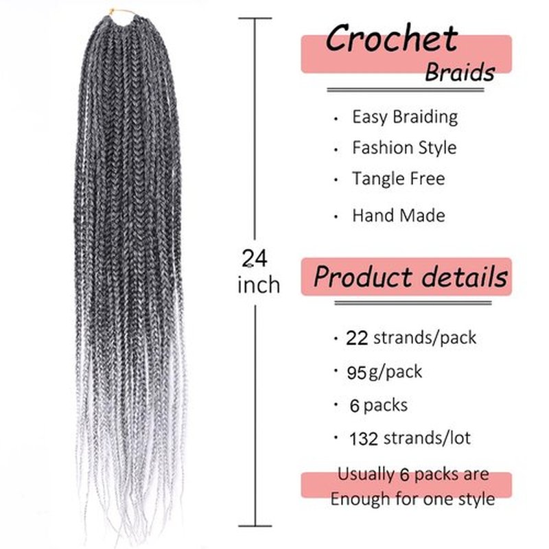 Box Braids Crochet Hair Pre looped 24 Inch Ombre Gray Crochet Box Braids for Black Women 6 Packs Goddness Knotless Crochet Braids Grey Fiber Braiding Hair Extensions(TGrey#)