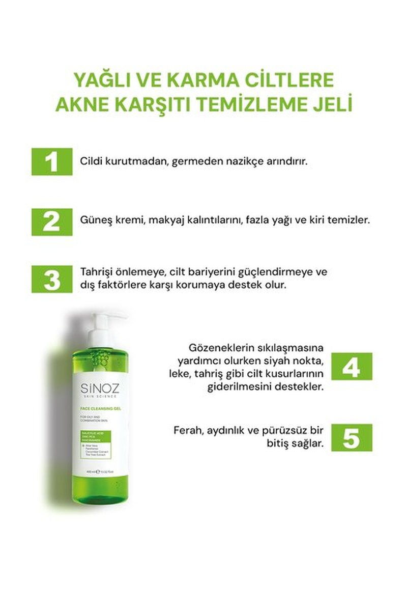Sinoz Perfect Sebum Balancing Facial Cleansing Gel | With Salicylic Acid & Niacinamide | For Oily & Combination Skin | Deep Pore Cleanser & Oil Control | 400 ml