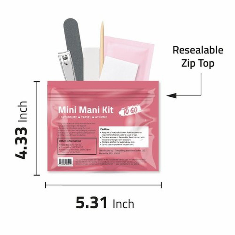 Mini Mani Kit – Disposable Manicure Set with Nail Clipper, File, Buffer, Cuticle Stick, Remover Pad & Alcohol Wipe – Single-Use Nail Care Kit for Travel, Events, or Bulk Hygiene (Regular, 5, Count)