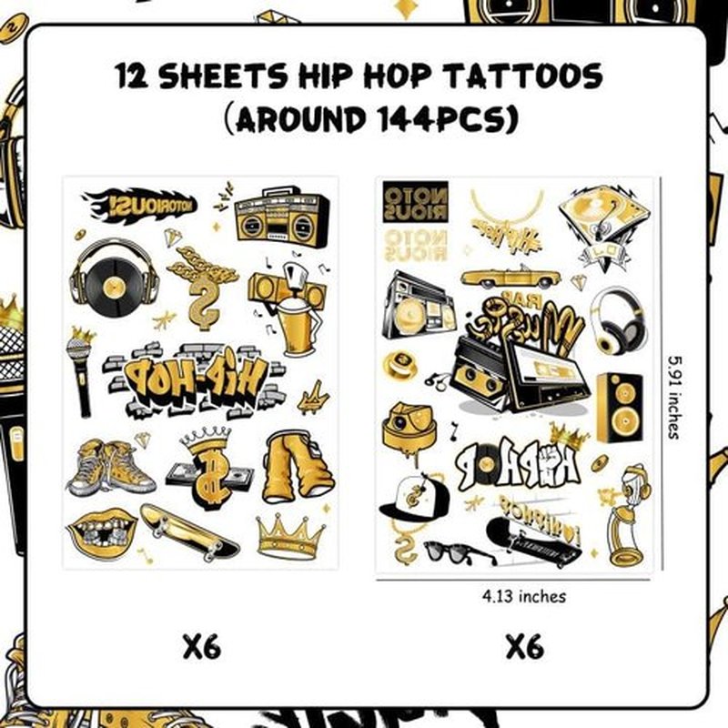 Serencatcher 144pcs Hip Hop Temporary Tattoos, 90s Hip Hop Party Favors with Notorious Tattoos Stickers for 80s 90s Themed Notorious Big Rap Birthday Party Decorations Gifts