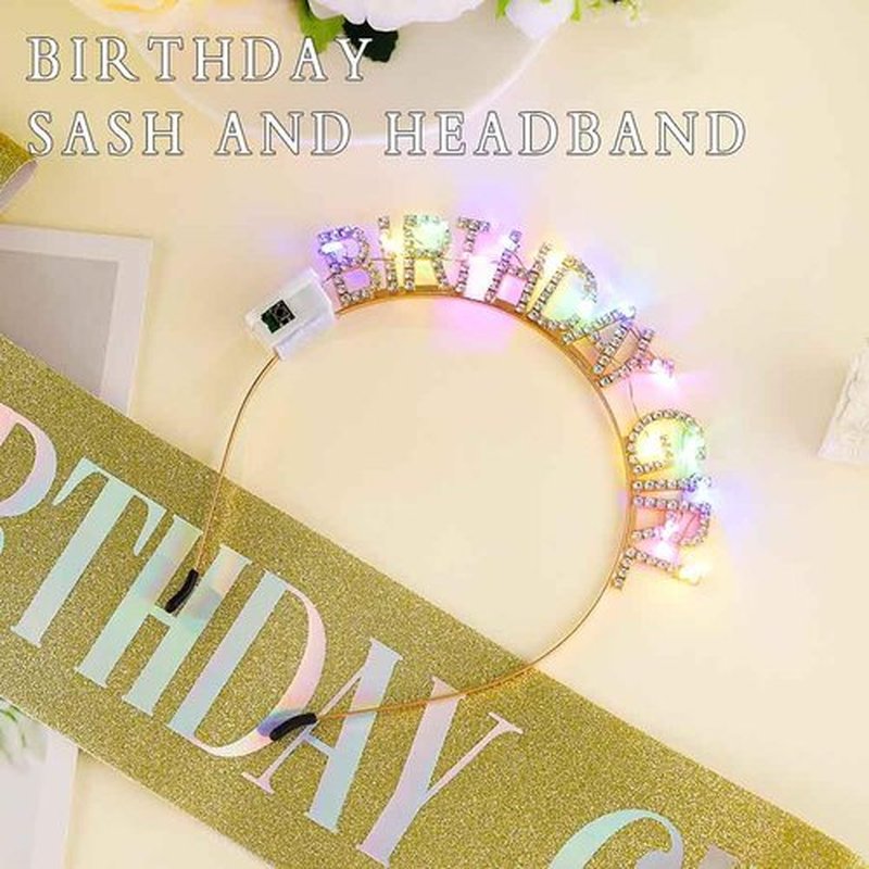 Aceorna Light Up Birthday Girl Headband Gold Rhinestone Crown and Sash Led Birthday Accessories Sets for Women (Gold, One Size)
