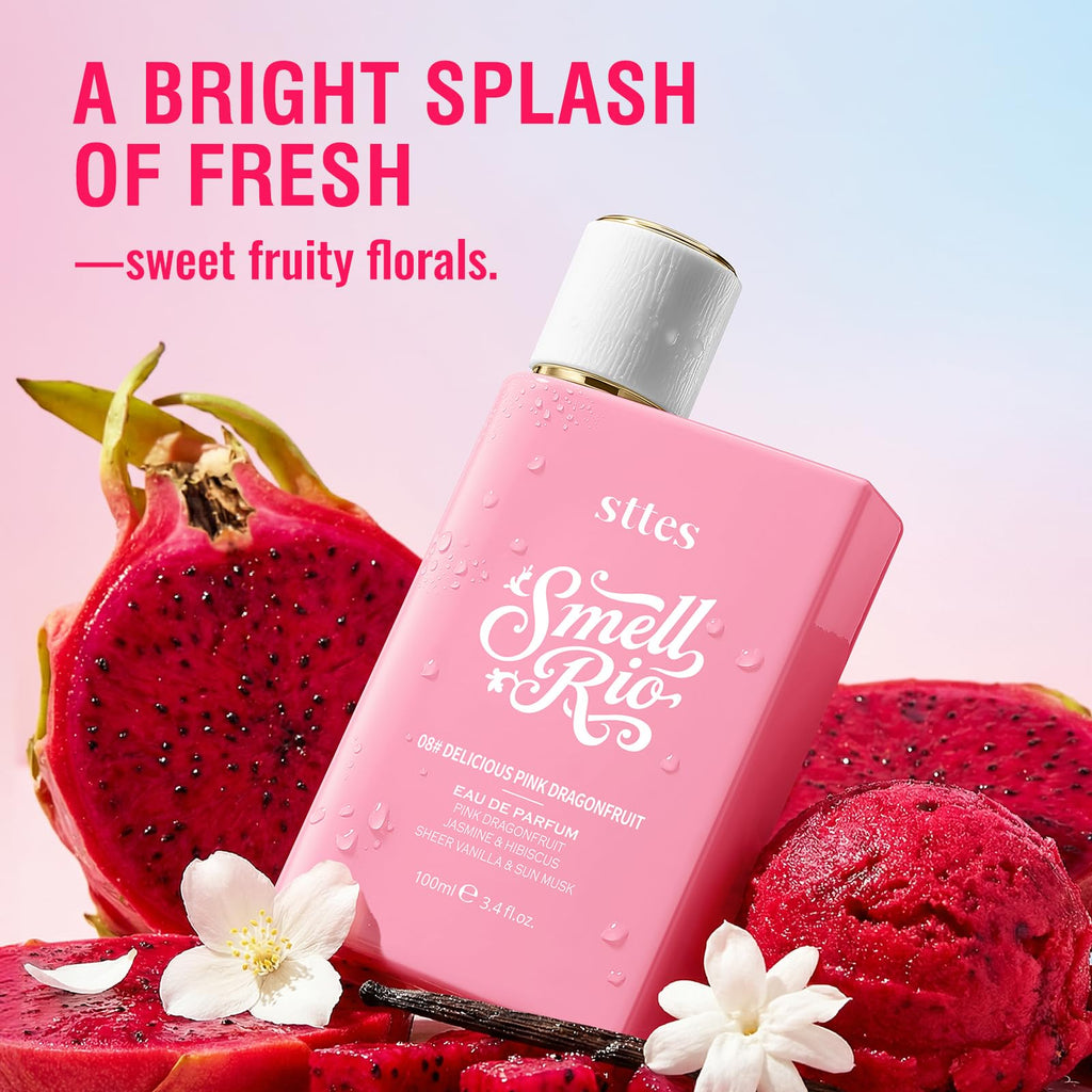 Sttes Smell Rio 08# (Delicious Pink Dragonfruit) Eau de Parfum for Women, Fruity Floral Perfume with Pink Dragonfruit, Lychee, Jasmine, Hibiscus, Vanilla & Sun Musk, 100ml/3.4 Fl Oz