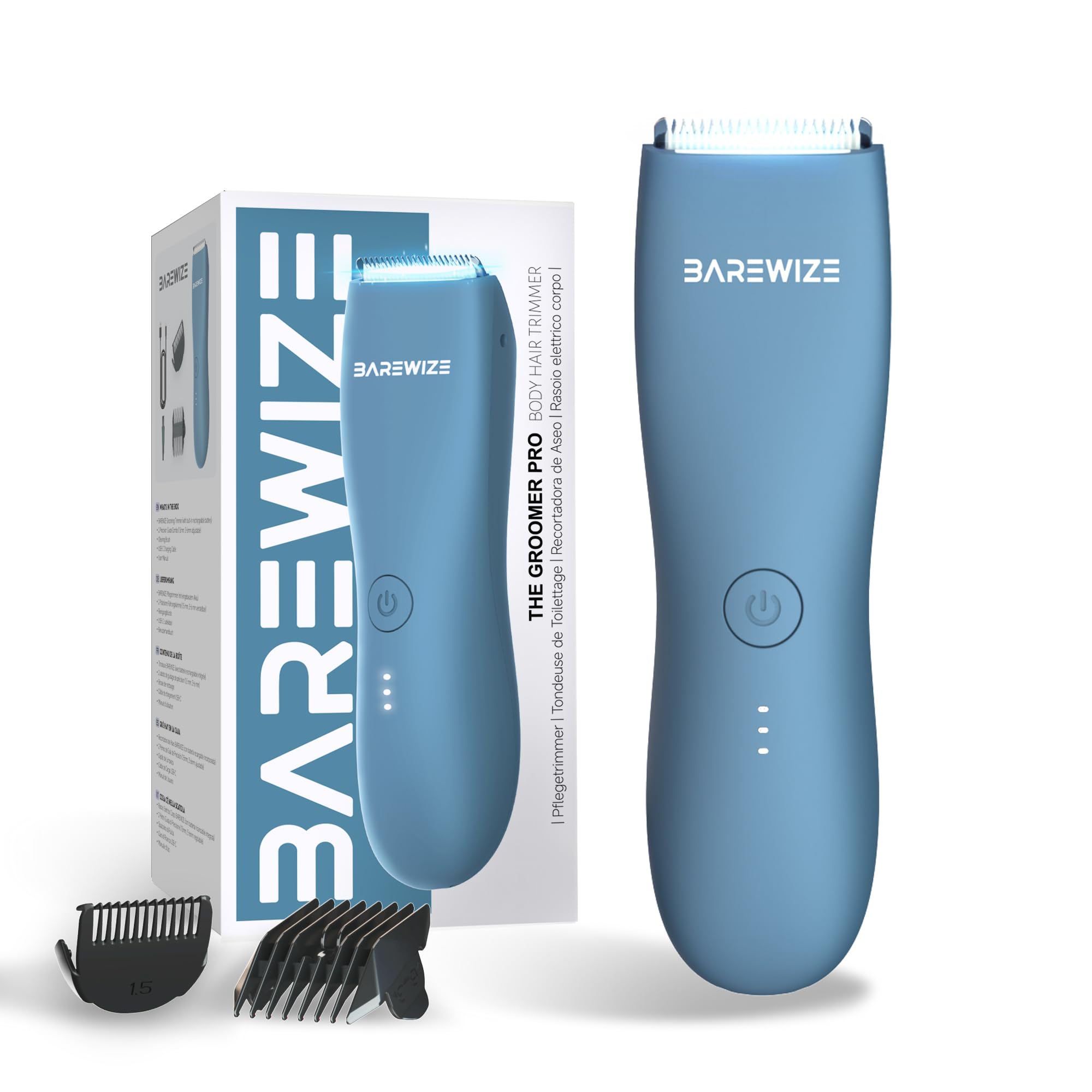BAREWIZE Body Hair & Pubic Hair Trimmer for Men & Women, Painless Electric Body & Bikini Shaver | Waterproof, Type-C Rechargeable, LED Light, Replaceable Blade, Manscape Personal Groomer (Azure)