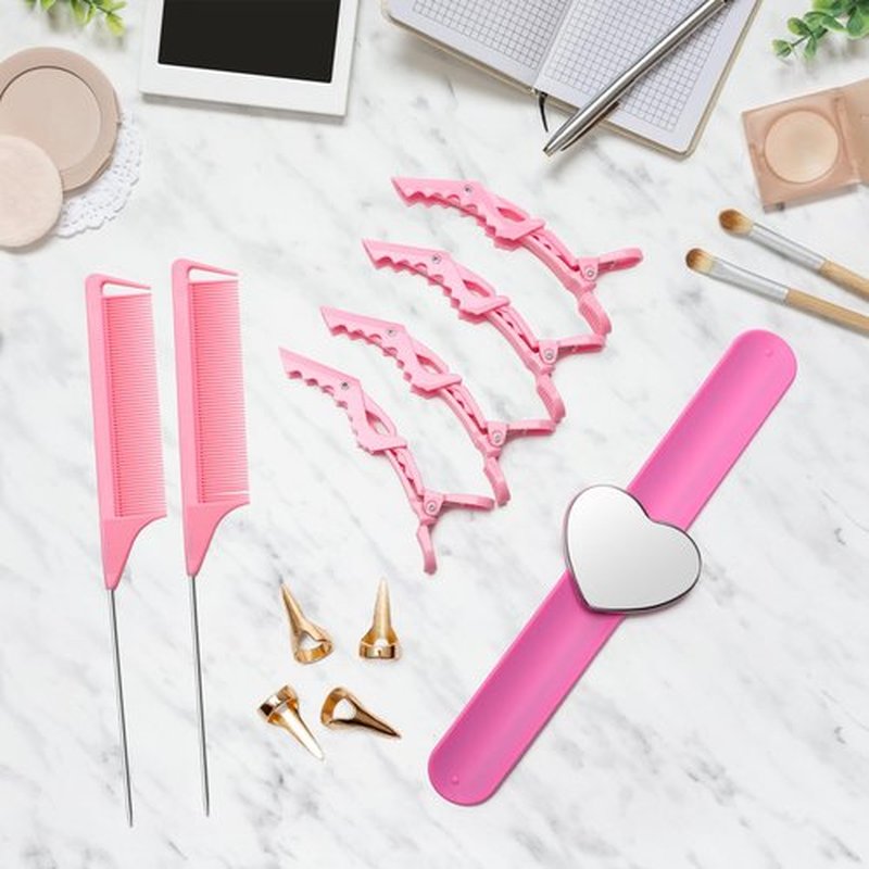 Coldairsoap 17 Pieces Hair Parting Tools Set Heart, Included 8P Hair Parting Ring 2P Metal Rat Tail Comb 6P Hair Sectioning Clip with 1P Magnetic Wrist Sewing Pin Holder for Braiding (Pink)