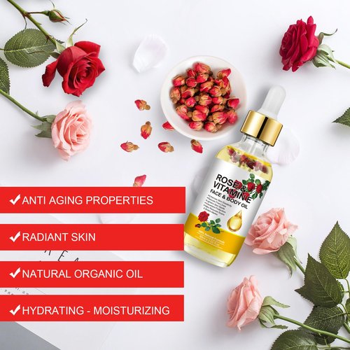 Rose Oil for Face, Rose Vitamin E Oil, Premium Vitamin E Facial Oil - Deep Hydration for Face & Body, Nourishes Dry Skin, Facial Care Support 2 Fl Oz