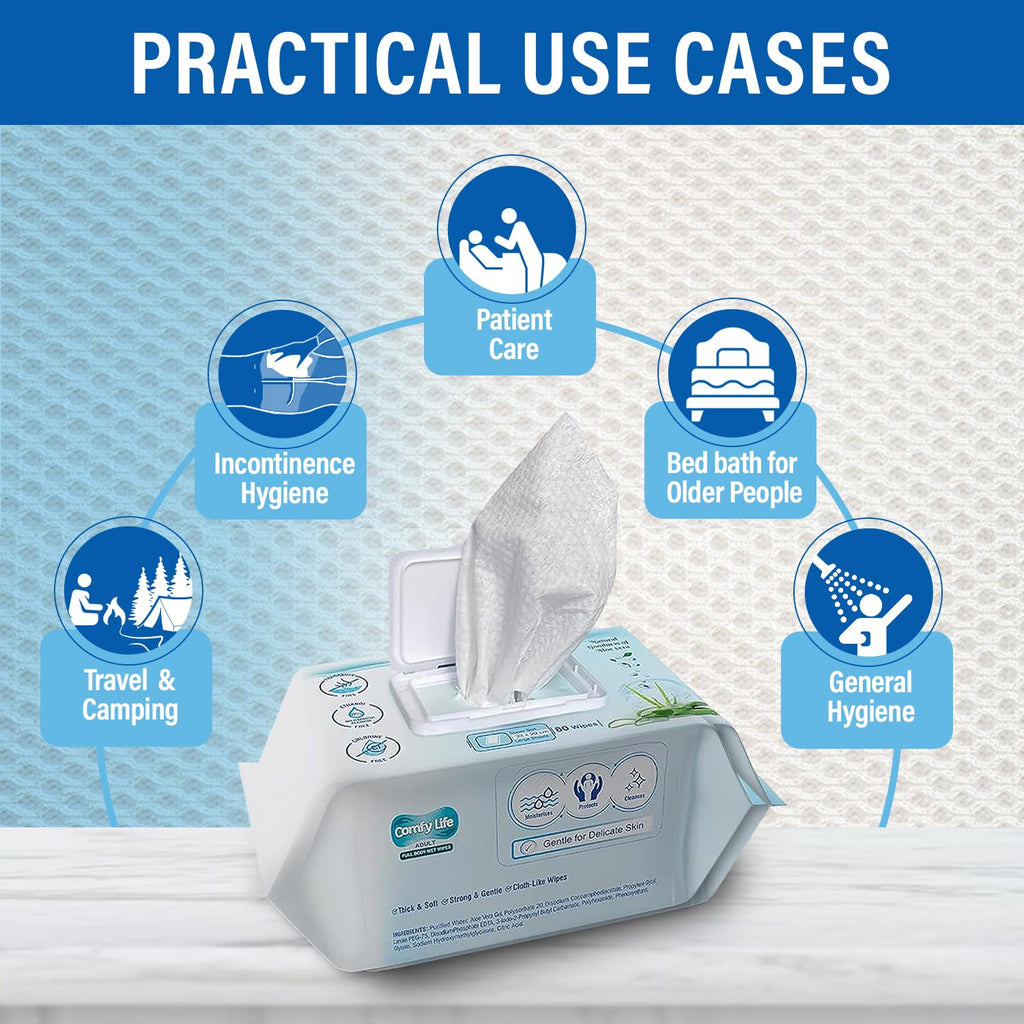 Comfy Life Premium Full Body Cleansing Wet Wipes For Adults - Large Luxury Fresh-feel Rinse-free Fragrance-free Bed Bath Intimate-care Soft Sheets (1 Pack (80 Wipes)