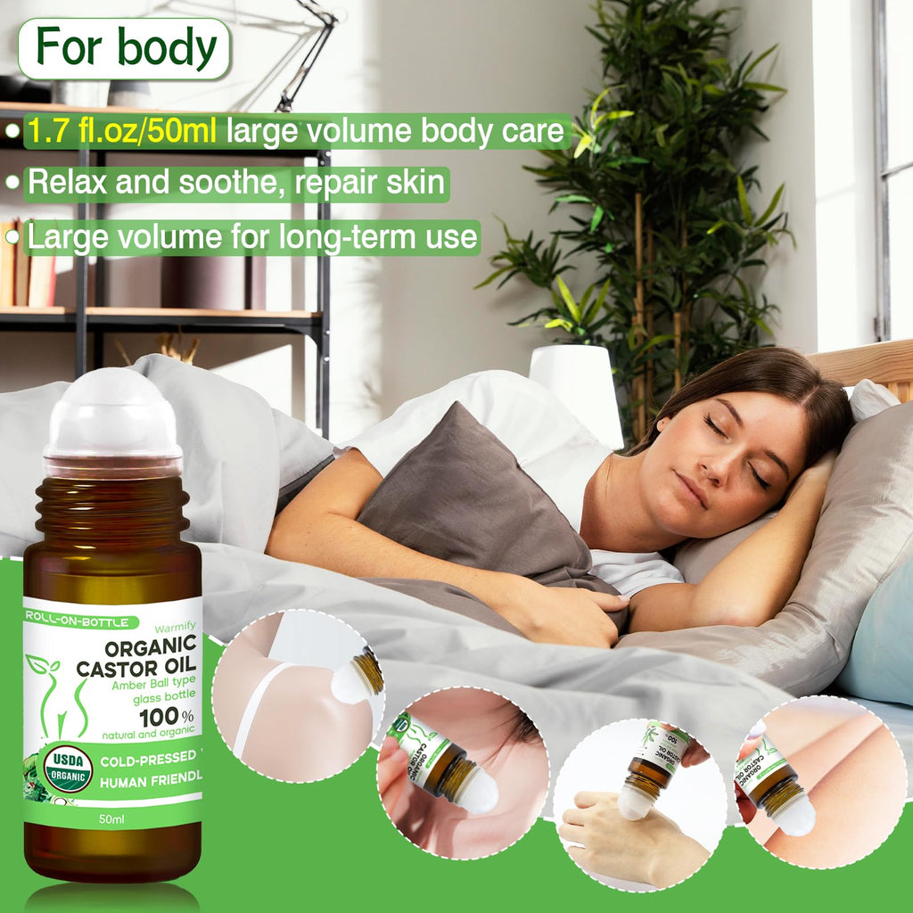 Warmify 3-in-1 Castor Oil Roll on for Eye,Face,Body Skin,Certified Organic Cold Pressed Castor Oil Roller ball unrefined Glass Bottle,Precise & Mess-Free Application & Travel Friendly