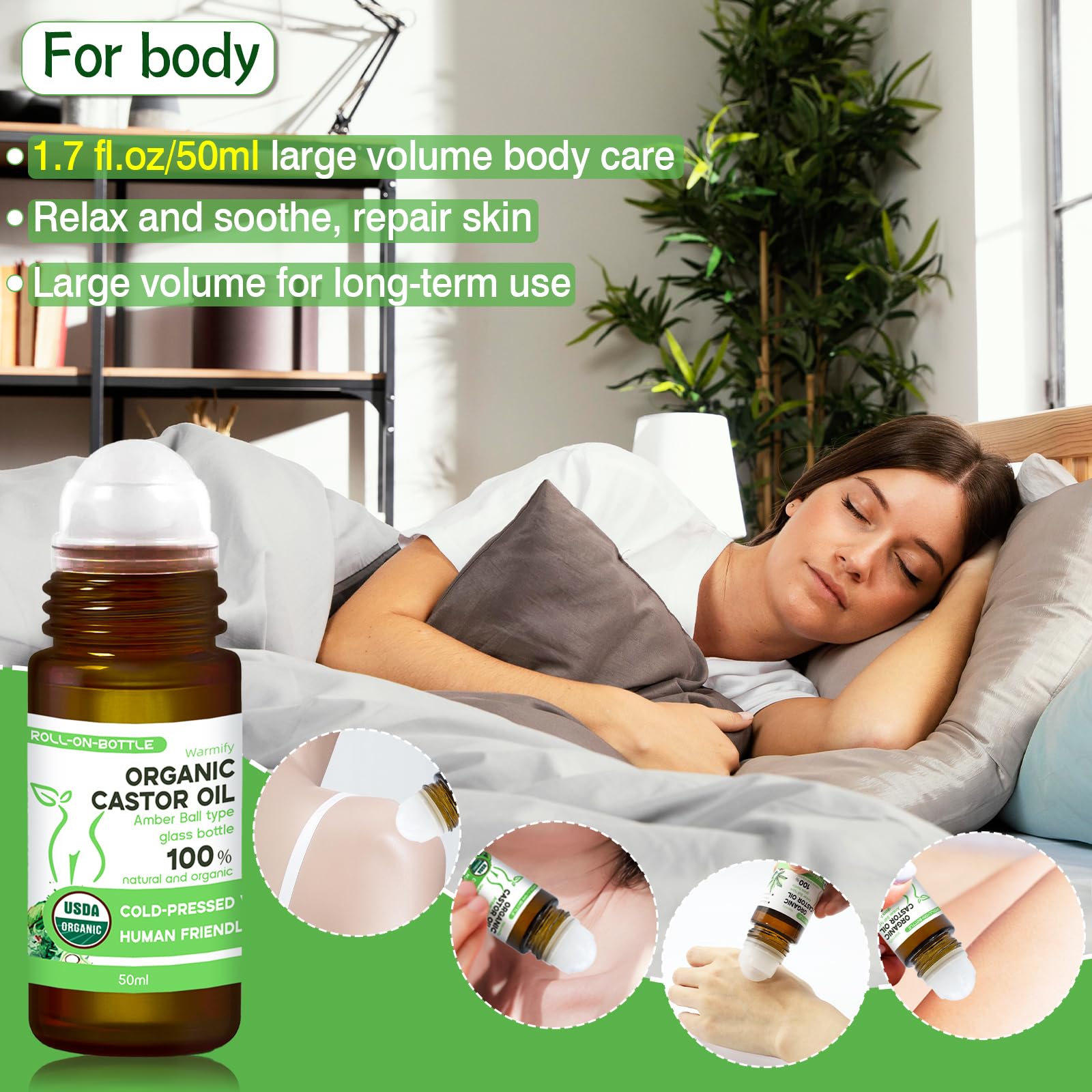 Warmify 3-in-1 Castor Oil Roll on for Eye,Face,Body Skin,Certified Organic Cold Pressed Castor Oil Roller ball unrefined Glass Bottle,Precise & Mess-Free Application & Travel Friendly