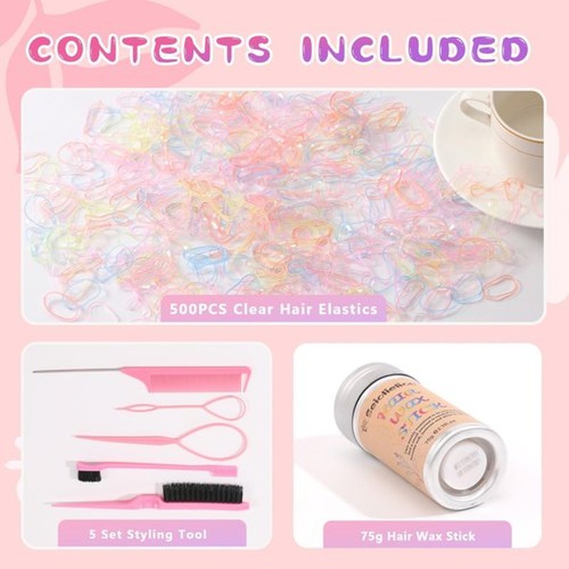 Hair Wax Stick Accessories, 500 PCS Colorful Transparent Hair Elastics for Kids Girls, 3 Pcs Hair Brush for Women, 2 Hair Loop Styling Tools