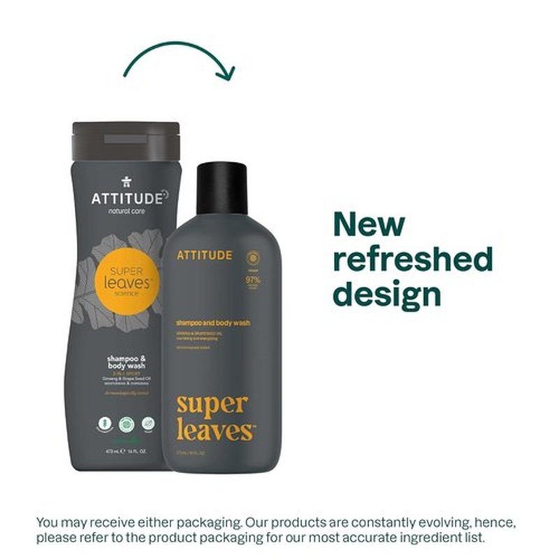 ATTITUDE 2-in-1 Body Wash & Shampoo - EWG Verified, Vegan Formula with Ginseng & Grapeseed Oil | 16 Fl Oz