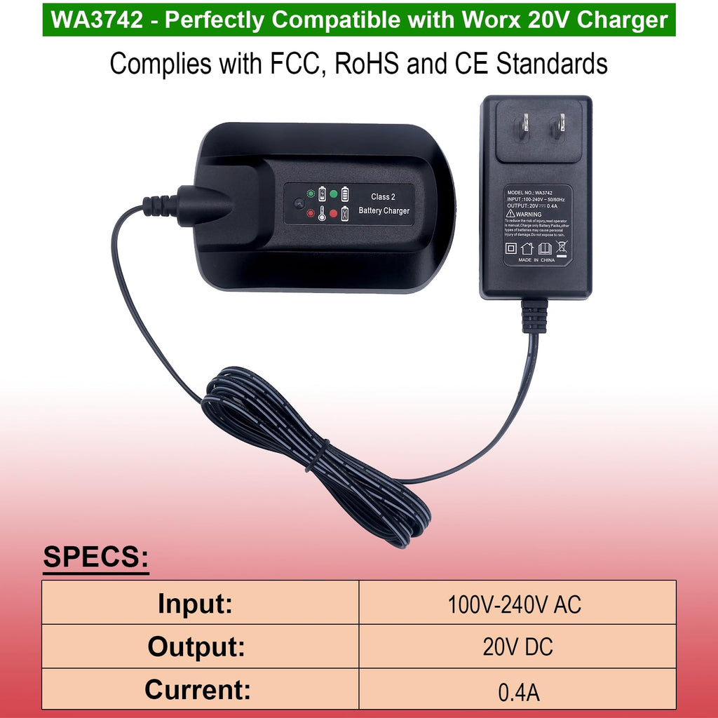 Compatible with Worx 20V Lithium Battery Charger, WA3742 Charger Compatible with Worx WA3525 WA3575 WA3520 WA3578 WA3016 WA3669 WA3671 WA3674 WA3675 WA3676 WA3678 20-Volt MAX Cordless Tools Battery