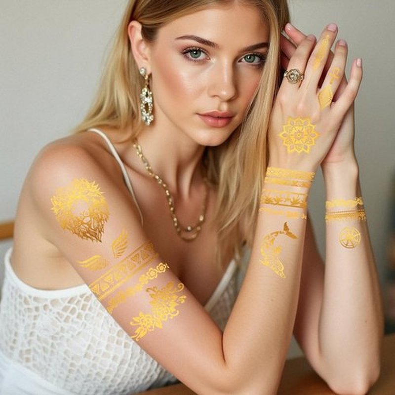 Konsait 9 Sheets Metallic Gold Temporary Tattoos for Women & Girls - Elegant Lion, Turtle, Floral, Butterfly & Elephant Designs for Parties, Cosplay, Festivals, Face & Body Art