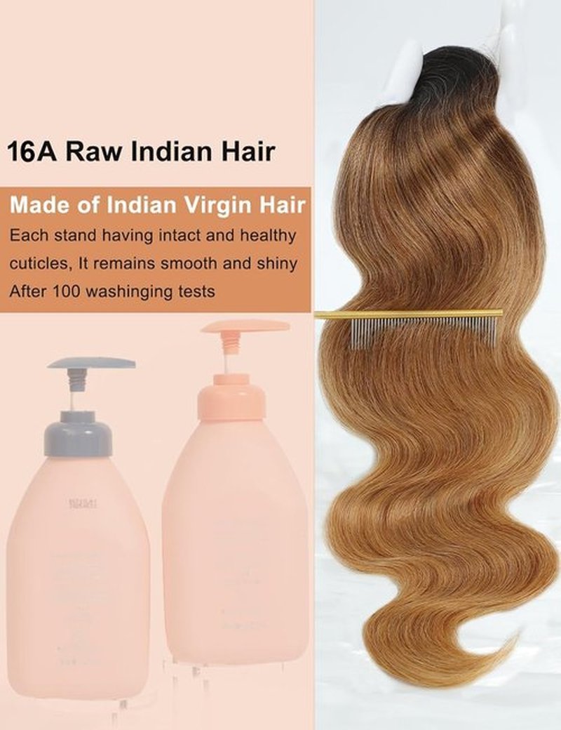 Chikamlty Ombre Bundles Human Hair, 16A Raw Indian Hair Bundles Body Wave, 14 Inch Colored Honey Blonde 1B27 Ombre Human Hair Bundles, 2 Years Service Life, Keep Texture Silky Soft Tangle-Free