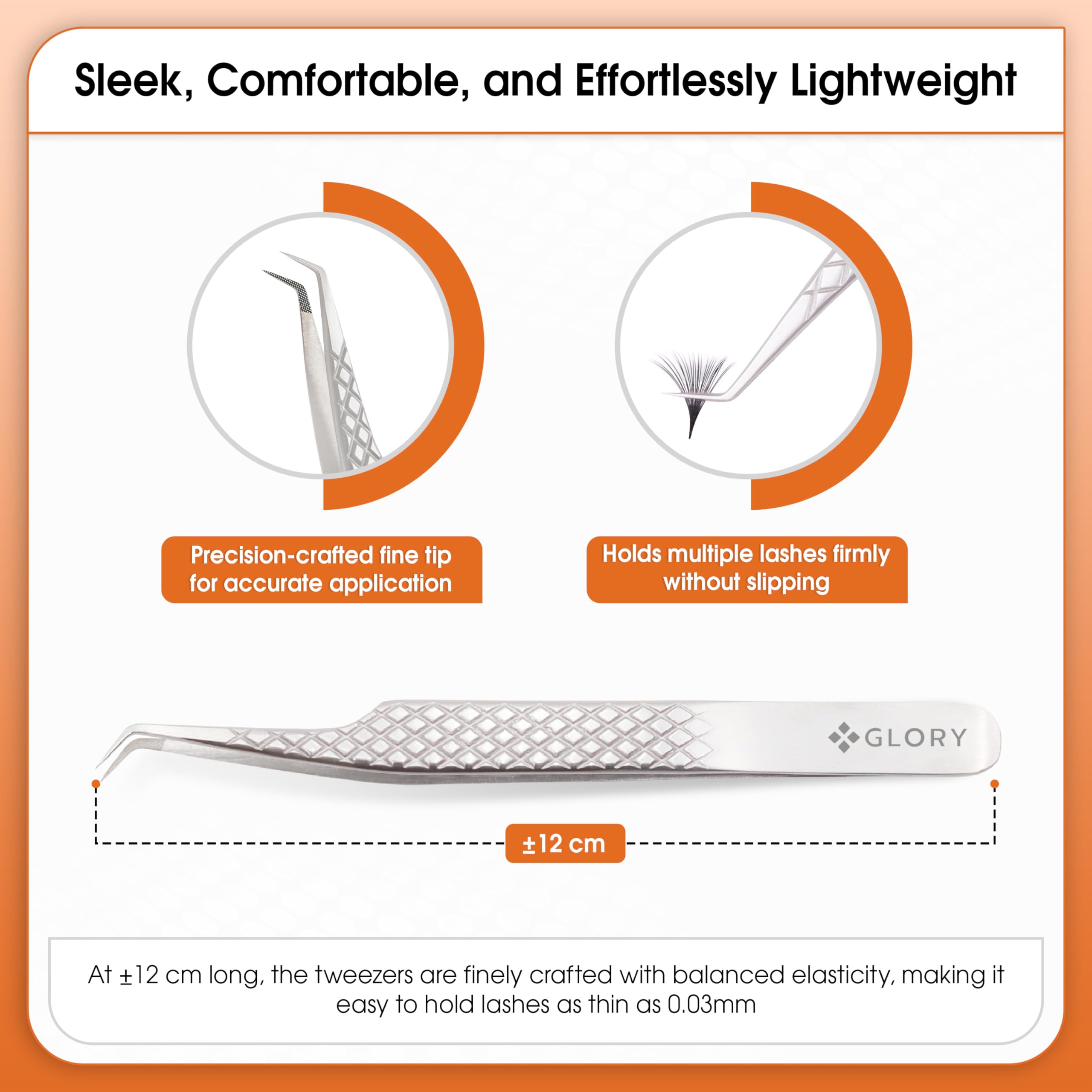 Glory Professional Angled Fiber Tip Eyelash Tweezers for Volume & Mega Volume, Diamond Grip Stainless Steel Precision Lash Extension Tweezers
