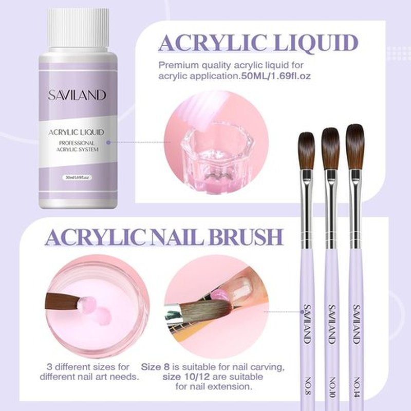 SAVILAND Acrylic Nail Kit for Beginners - Clear, White & Pink Powder, 1.7 fl oz Liquid, 100Pcs Tools