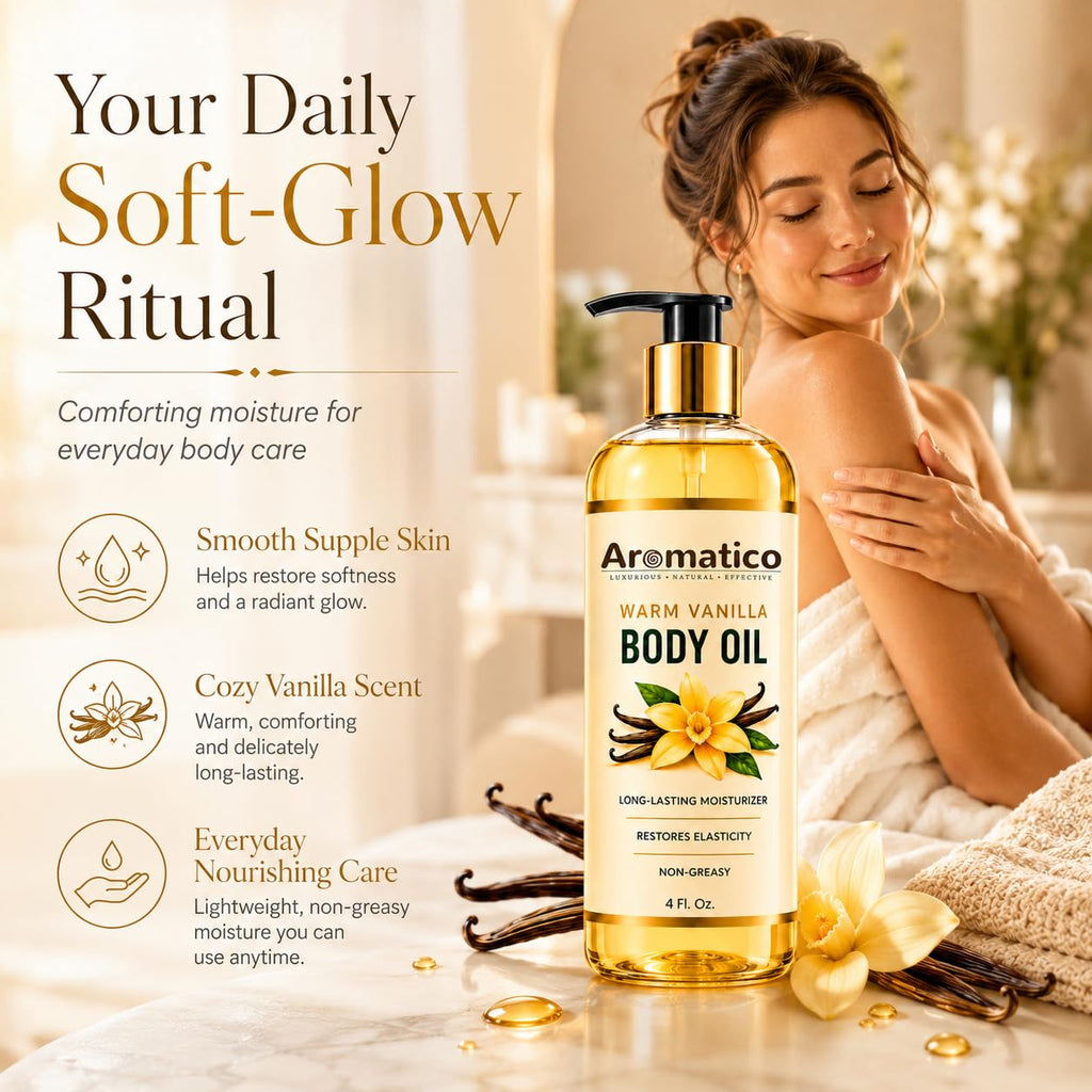 Aromatico Warm Vanilla Mini Body Oil for Women | Moisturizing After Shower Body Oil for Daily Use | Cozy, Creamy Vanilla Scent - 4 fl oz