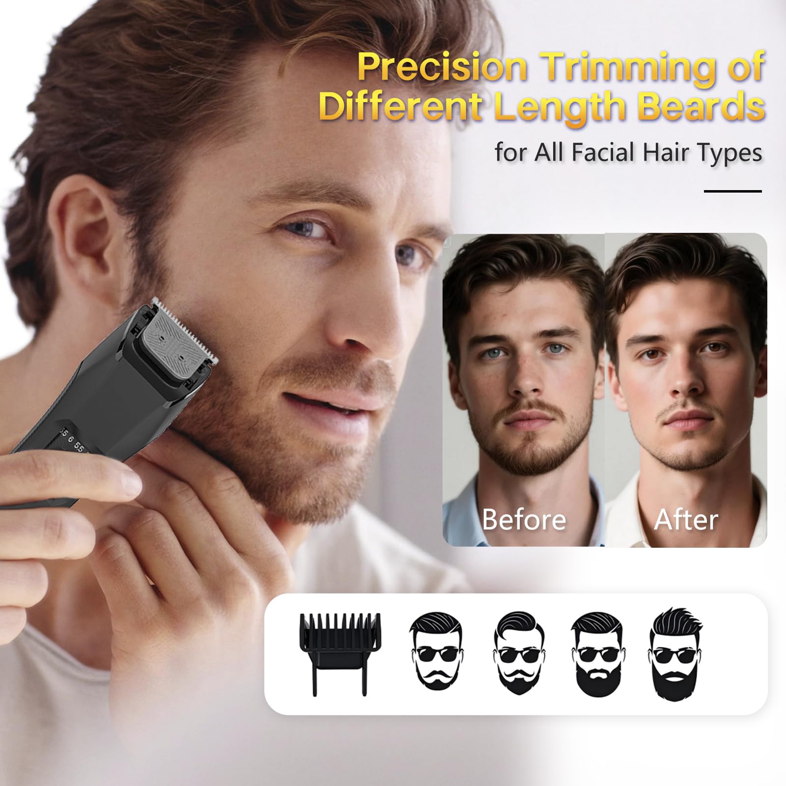 Beatslm Men's Beard Trimmer, 20 Length Adjustable, All-in-One IPX7 Waterproof Clippers, Stainless Steel T-Blade for Precision Facial Hair Trimming with 2 Adjustable Combs, Travel Lock, LED Display