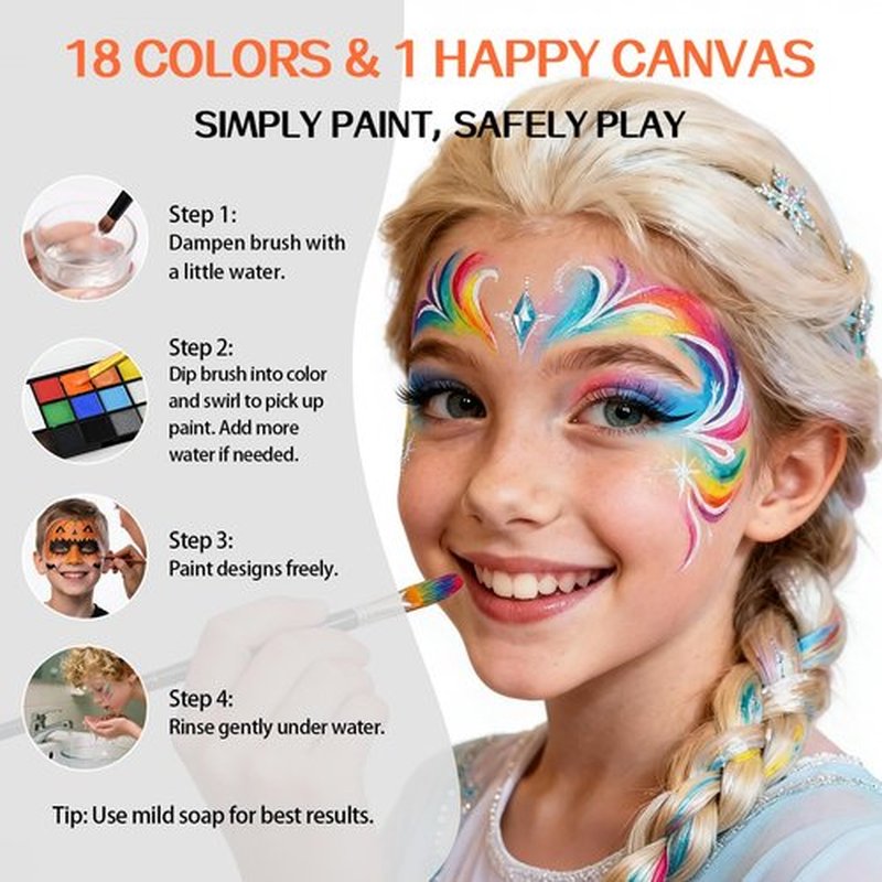 Face Body Paint Kit for Kids Adults-Washable 18 Colors Face Painting Kit with 10 Brushes, Non-Toxic, Skin Safe, Water-Activated Facepaint Palette for Halloween Makeup Cosplay Costume Party
