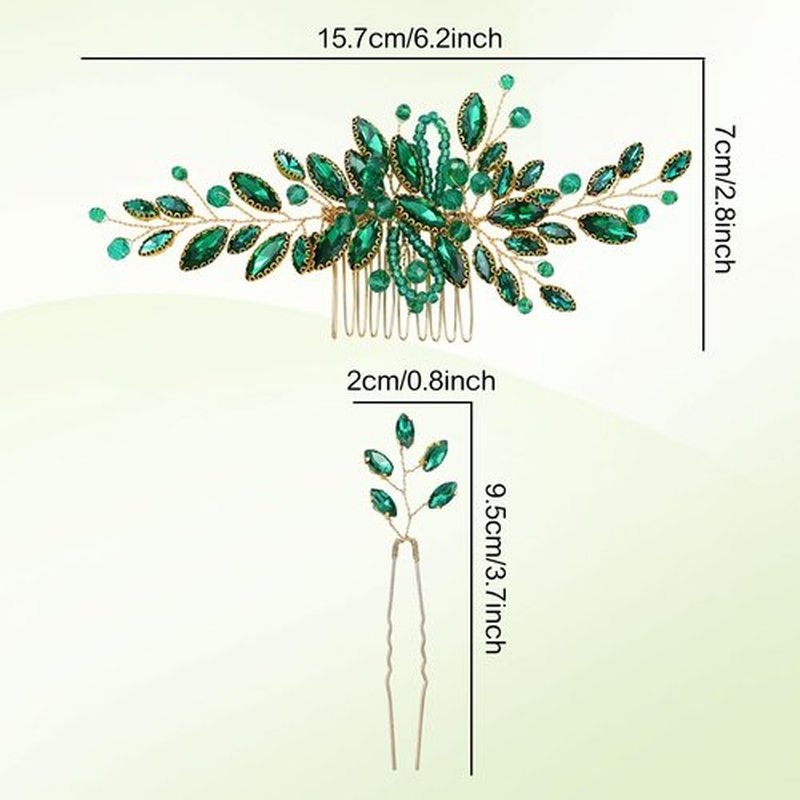 Dizila 7 Pieces Emerald Green Crystal Bead Party Prom Wedding Bridal Vine Leaf Hair Side Combs + Rhinestone U-shaped Hair Pins Headpieces for Brides Bridesmaids Women Girls