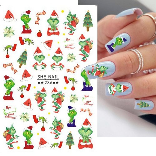6 Sheets Christmas Nail Art Decals 3D Self-Adhesive Cartoon Xmas Nail Stickers Design WinterXmas Funny Green Monster Nail Decals Christmas Nail Decals Supplies for Women Nail Art DIY Manicure